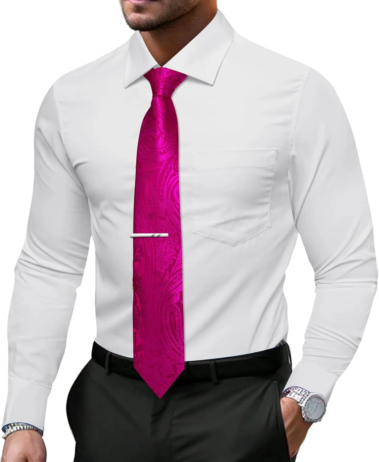 Barry.Wang Solid Colors Mens Dress Shirt and Tie Set Formal Business Wedding Shirts Long Sleeve Button Down Casual 5PCS