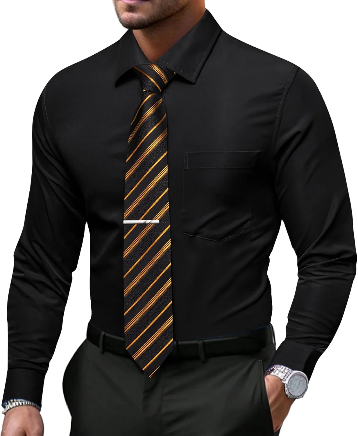 Barry.Wang Solid Colors Mens Dress Shirt and Tie Set Formal Business Wedding Shirts Long Sleeve Button Down Casual 5PCS