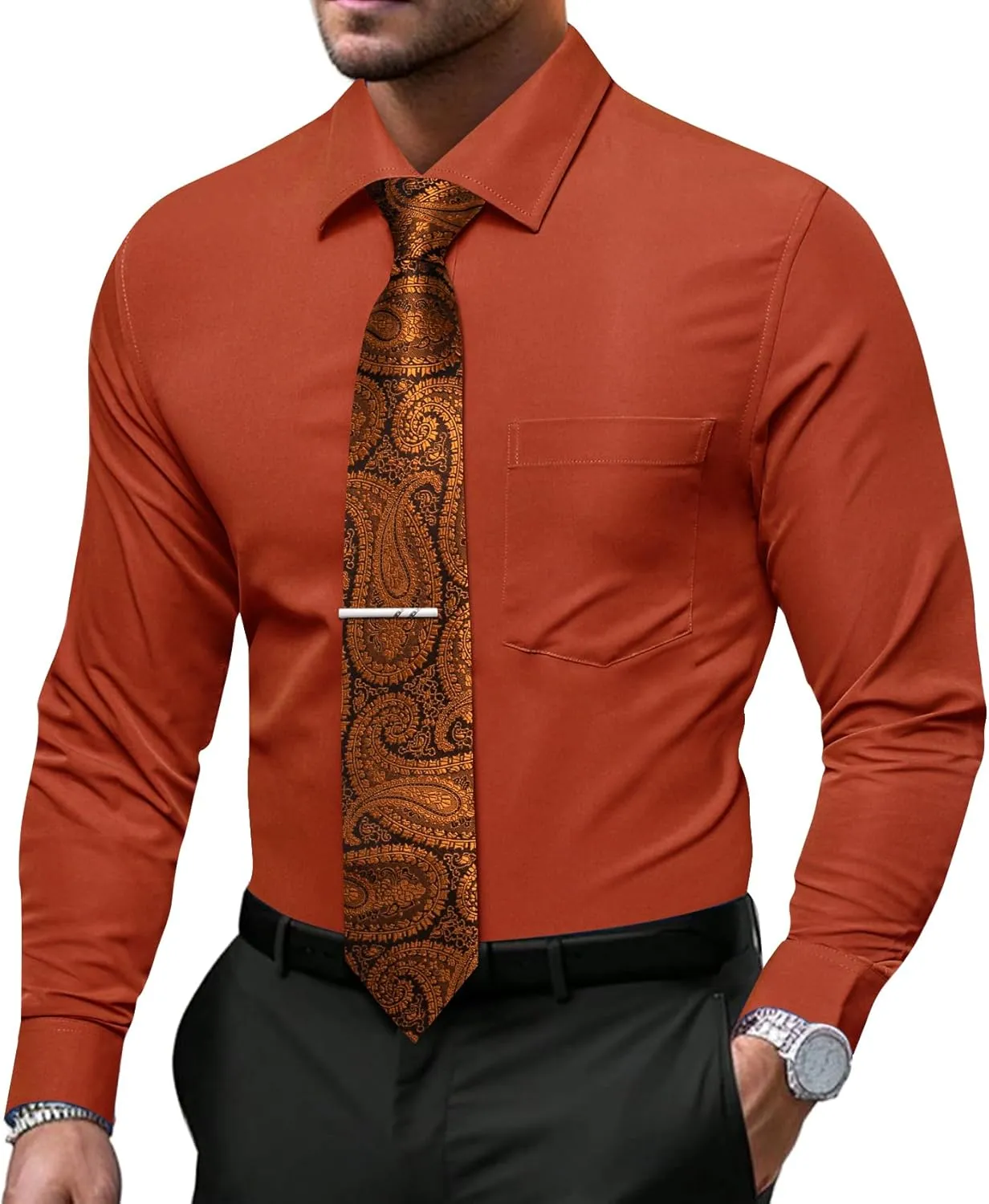 Barry.Wang Solid Colors Mens Dress Shirt and Tie Set Formal Business Wedding Shirts Long Sleeve Button Down Casual 5PCS
