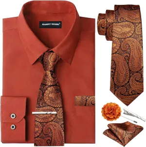 Barry.Wang Solid Colors Mens Dress Shirt and Tie Set Formal Business Wedding Shirts Long Sleeve Button Down Casual 5PCS
