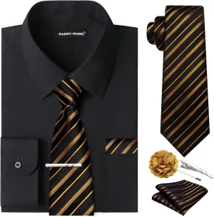 Barry.Wang Solid Colors Mens Dress Shirt and Tie Set Formal Business Wedding Shirts Long Sleeve Button Down Casual 5PCS
