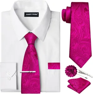 Barry.Wang Solid Colors Mens Dress Shirt and Tie Set Formal Business Wedding Shirts Long Sleeve Button Down Casual 5PCS