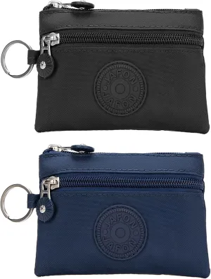 Coin Purse Change Pouch for Women 2 Layers Zipper Oxford Cloth Waterproof Purse (Black Blue)