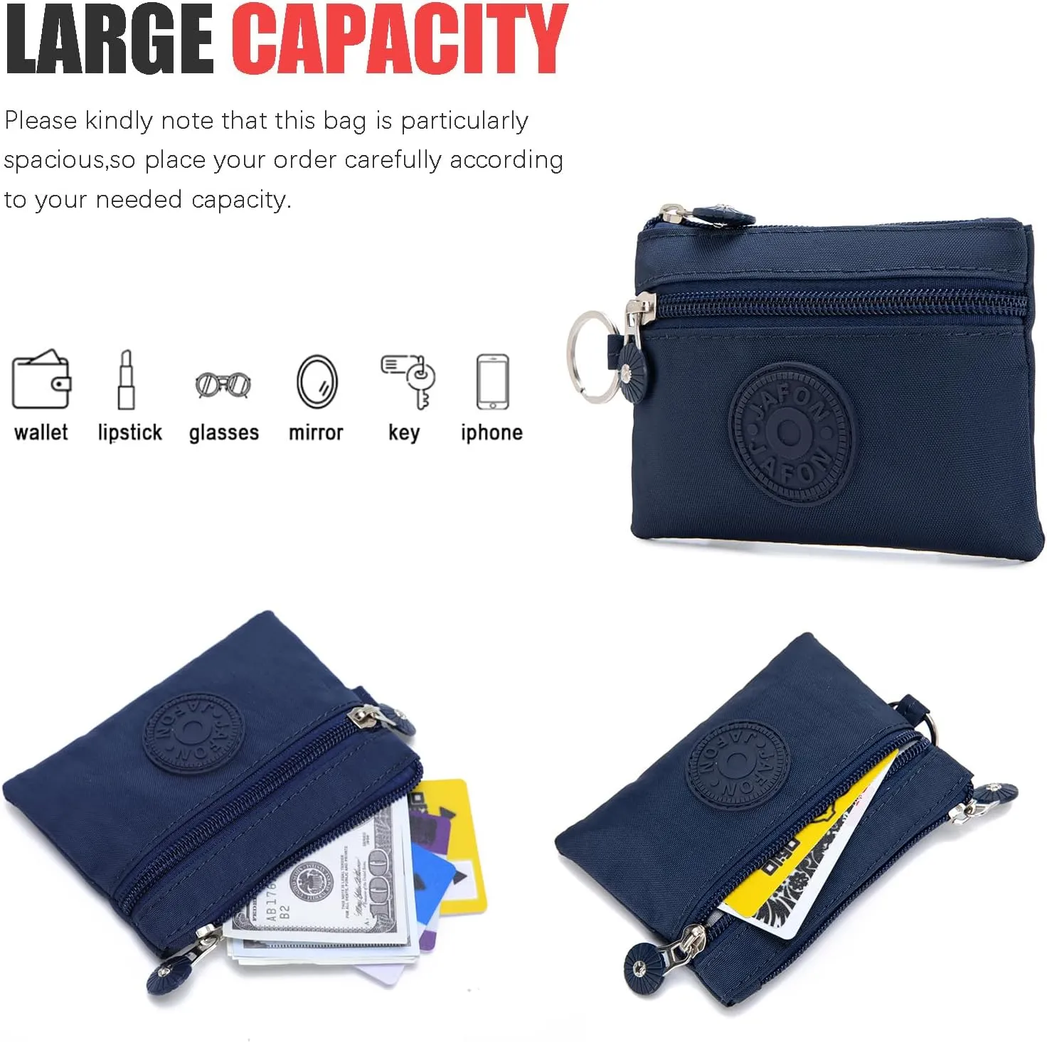Coin Purse Change Pouch for Women 2 Layers Zipper Oxford Cloth Waterproof Purse (Black Blue)