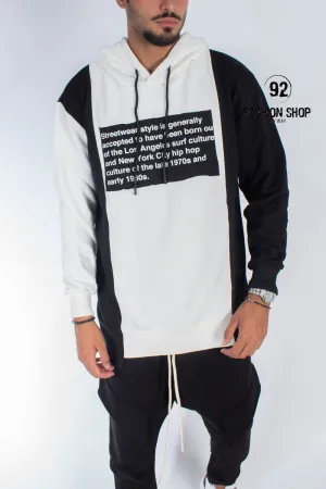 FELPA BLACKSVNDAY ''STREETWEAR'' BICOLORE CON CAPPUCCIO E SCRITTA ANTERIORE BIANCA E NERA
