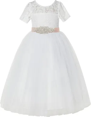 Floral Lace Tulle Flower Girl Dresses with Sleeves for Bridesmaid LG2R3
