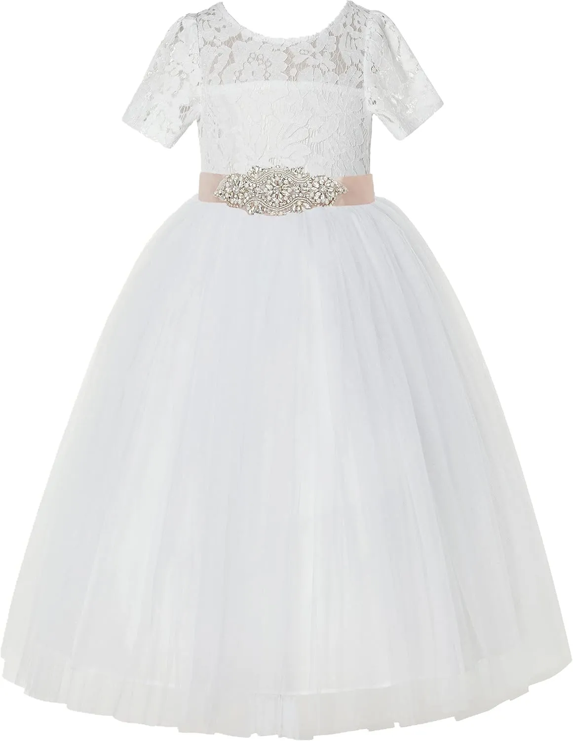 Floral Lace Tulle Flower Girl Dresses with Sleeves for Bridesmaid LG2R3