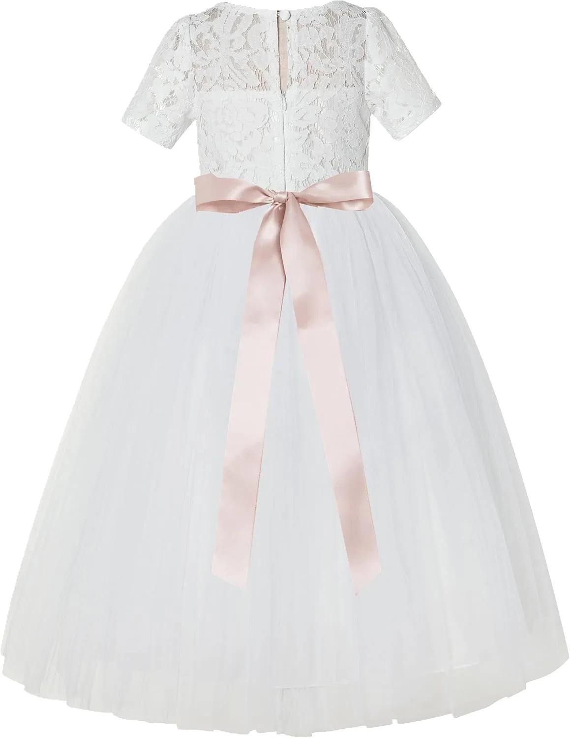 Floral Lace Tulle Flower Girl Dresses with Sleeves for Bridesmaid LG2R3