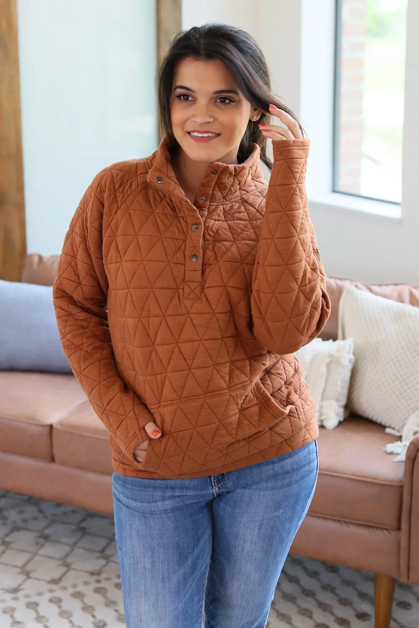 Geometric Button Snap Pullover (Rust)