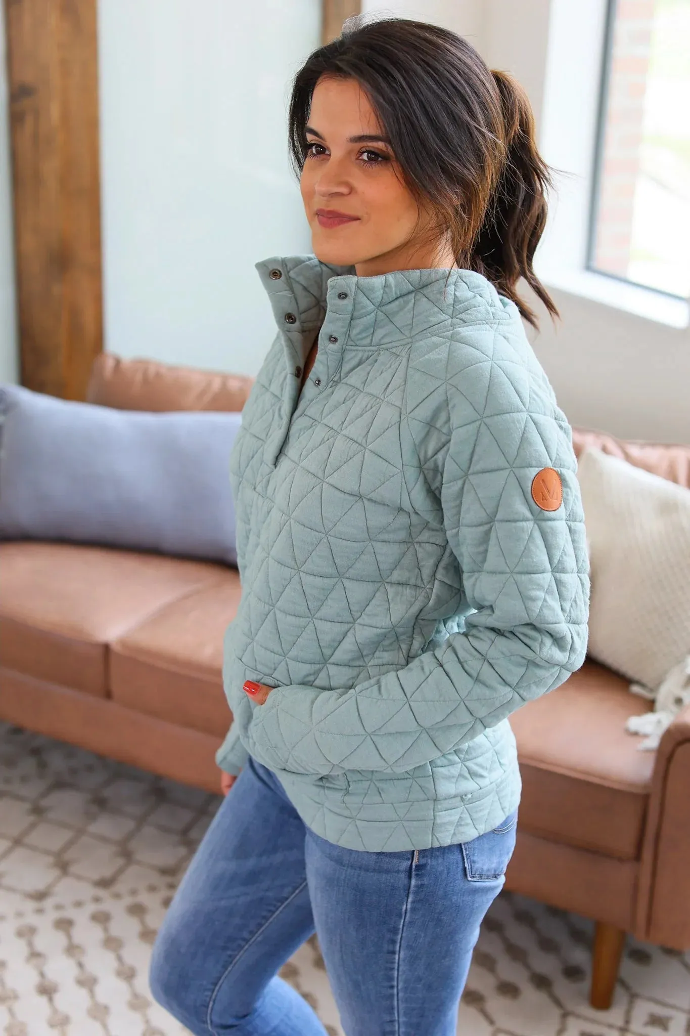 Geometric Button Snap Pullover (Sage)
