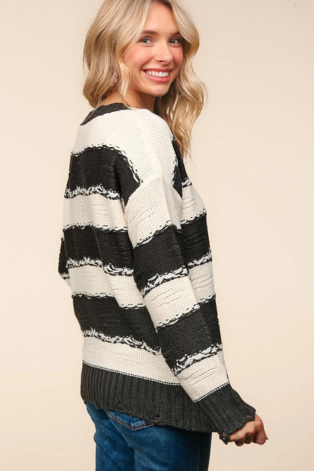 Haptics Striped Sweater USA Stock Contrast Distressed Long Sleeve Pullover