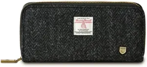 Islander HarrisTweed & PU Leather women’s long zip purse, Black Herringbone, Carry Cash & card, Scottish Style