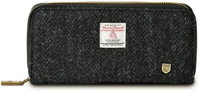 Islander HarrisTweed & PU Leather women’s long zip purse, Black Herringbone, Carry Cash & card, Scottish Style