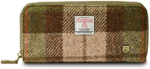 Islander HarrisTweed & PU Leather women’s long zip purse, Chestnut Tartan, Carry Cash & card, Scottish Style