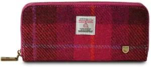 Islander HarrisTweed & PU Leather women’s long zip purse, Fuchisa Tartan, Carry Cash & card, Scottish Style