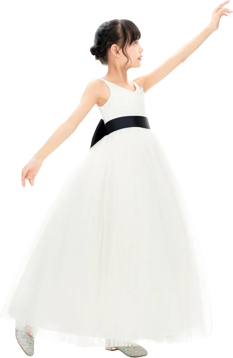 Ivory V-Neck Tulle Flower Girl Dress with Tiebow for Pageant Wedding 218noFT