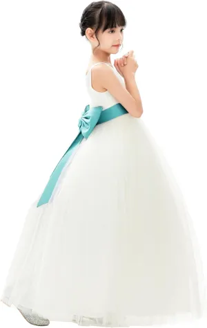 Ivory V-Neck Tulle Flower Girl Dress with Tiebow for Pageant Wedding 218noFT
