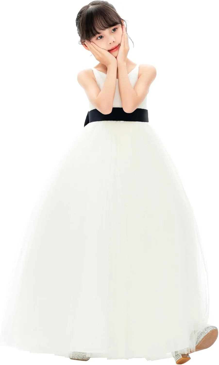 Ivory V-Neck Tulle Flower Girl Dress with Tiebow for Pageant Wedding 218noFT