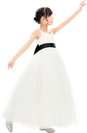 Ivory V-Neck Tulle Flower Girl Dress with Tiebow for Pageant Wedding 218noFT