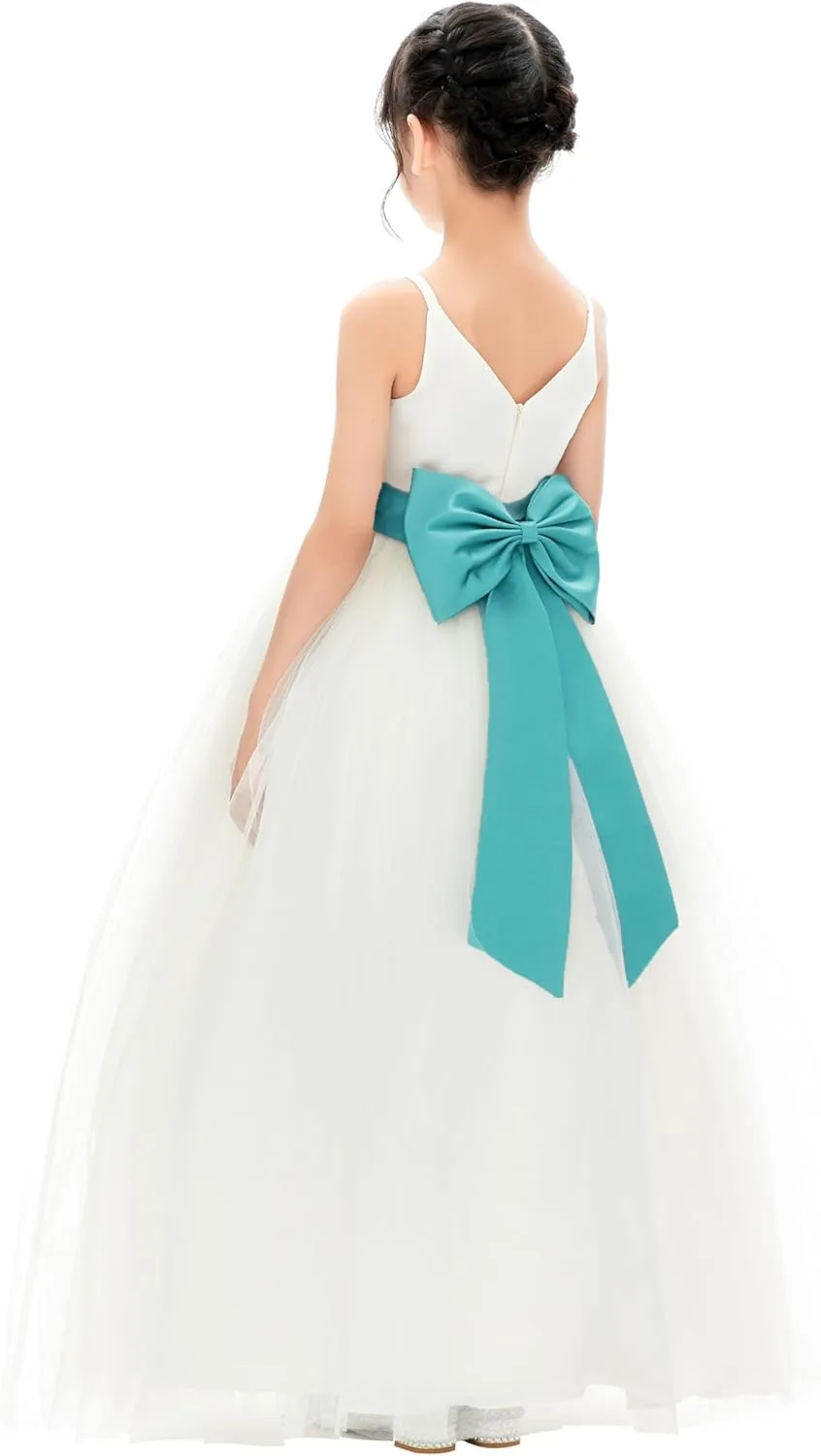 Ivory V-Neck Tulle Flower Girl Dress with Tiebow for Pageant Wedding 218noFT