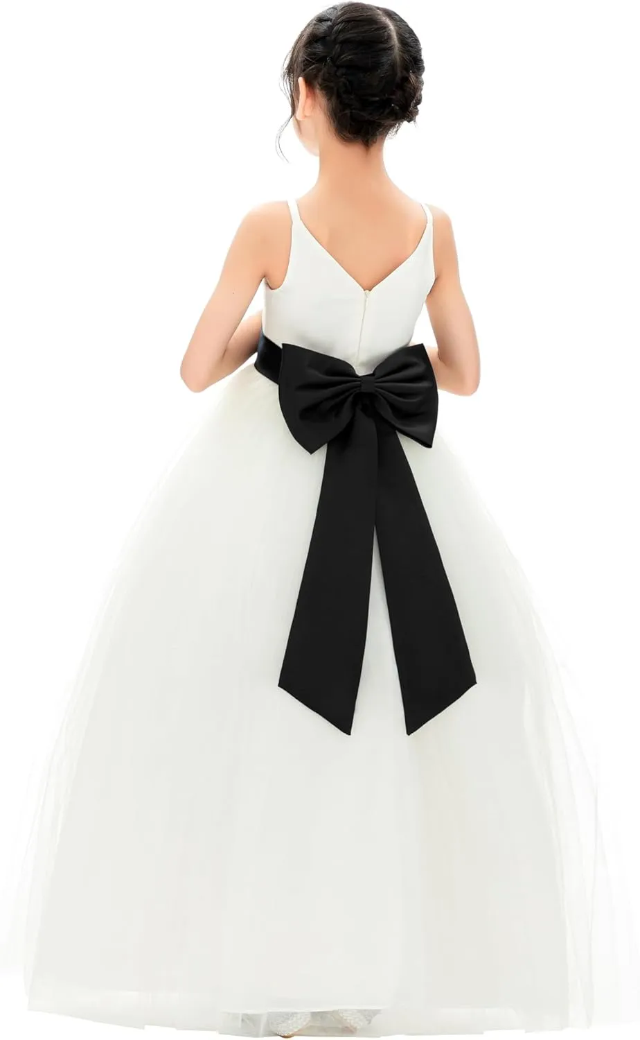 Ivory V-Neck Tulle Flower Girl Dress with Tiebow for Pageant Wedding 218noFT