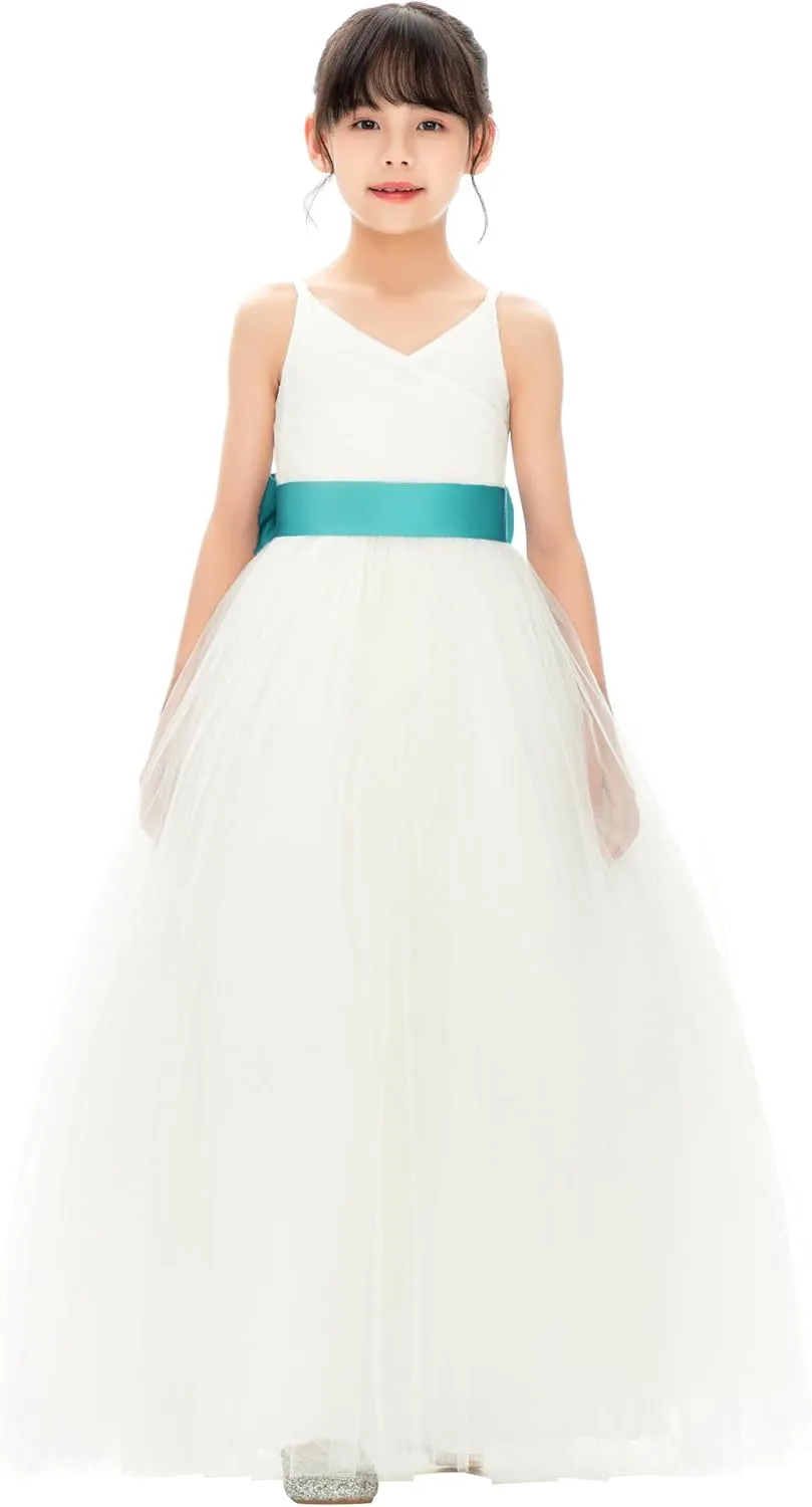 Ivory V-Neck Tulle Flower Girl Dress with Tiebow for Pageant Wedding 218noFT
