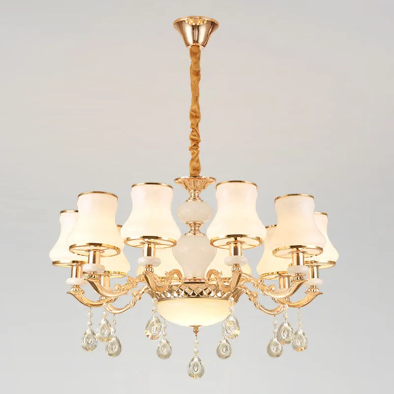 Minimal Hanging Chandelier with Frosted Glass Curve, Crystal Accent in Gold
