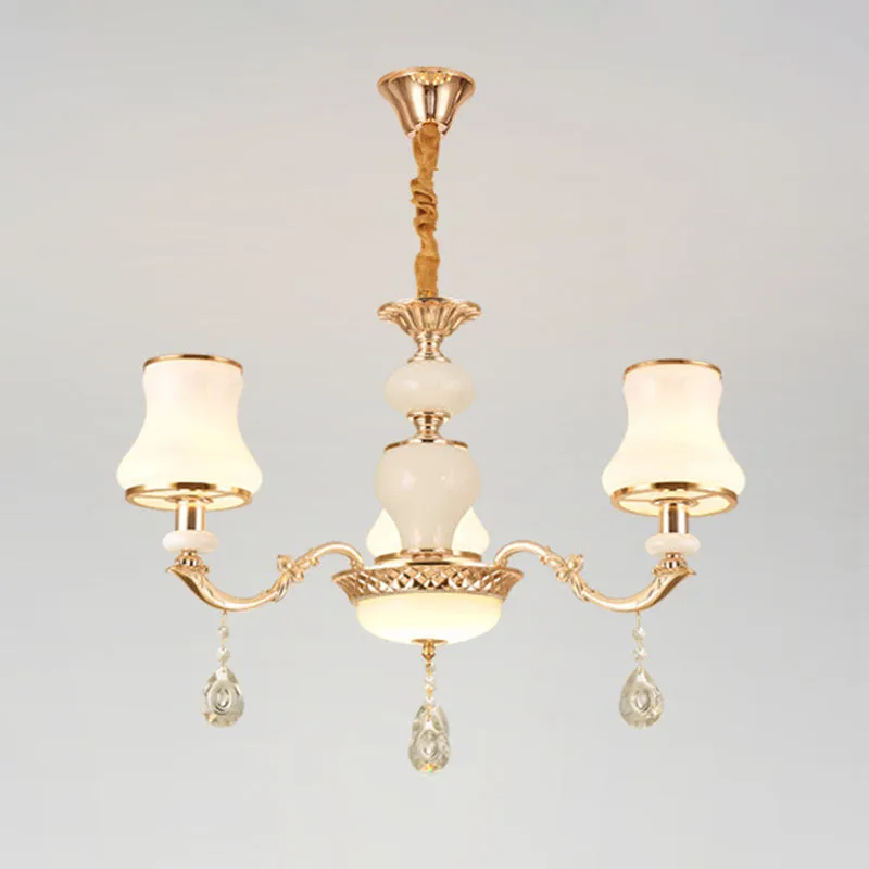 Minimal Hanging Chandelier with Frosted Glass Curve, Crystal Accent in Gold