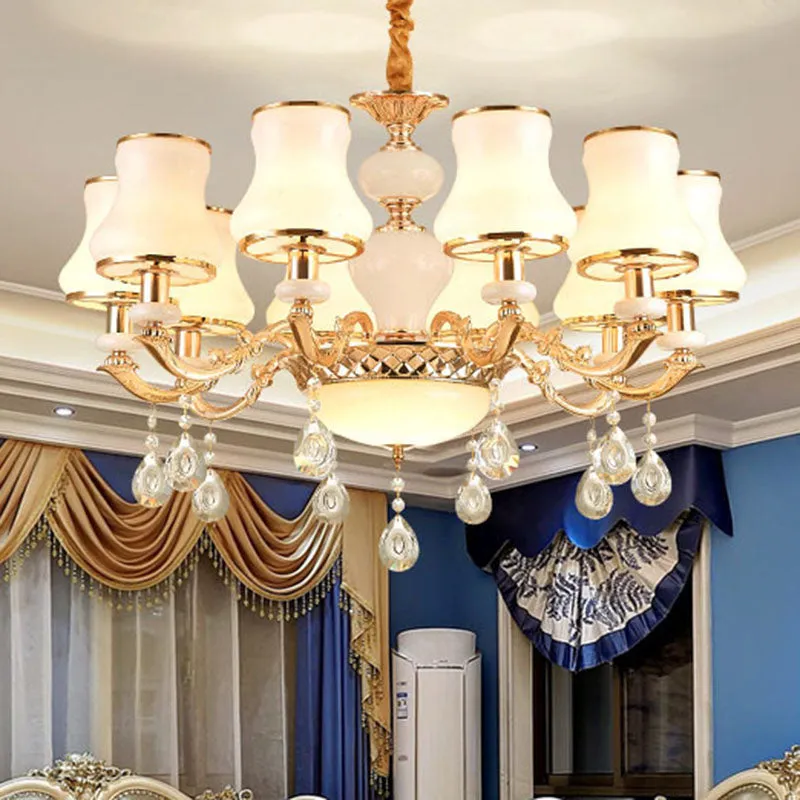 Minimal Hanging Chandelier with Frosted Glass Curve, Crystal Accent in Gold