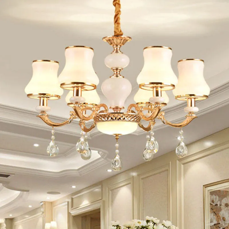 Minimal Hanging Chandelier with Frosted Glass Curve, Crystal Accent in Gold