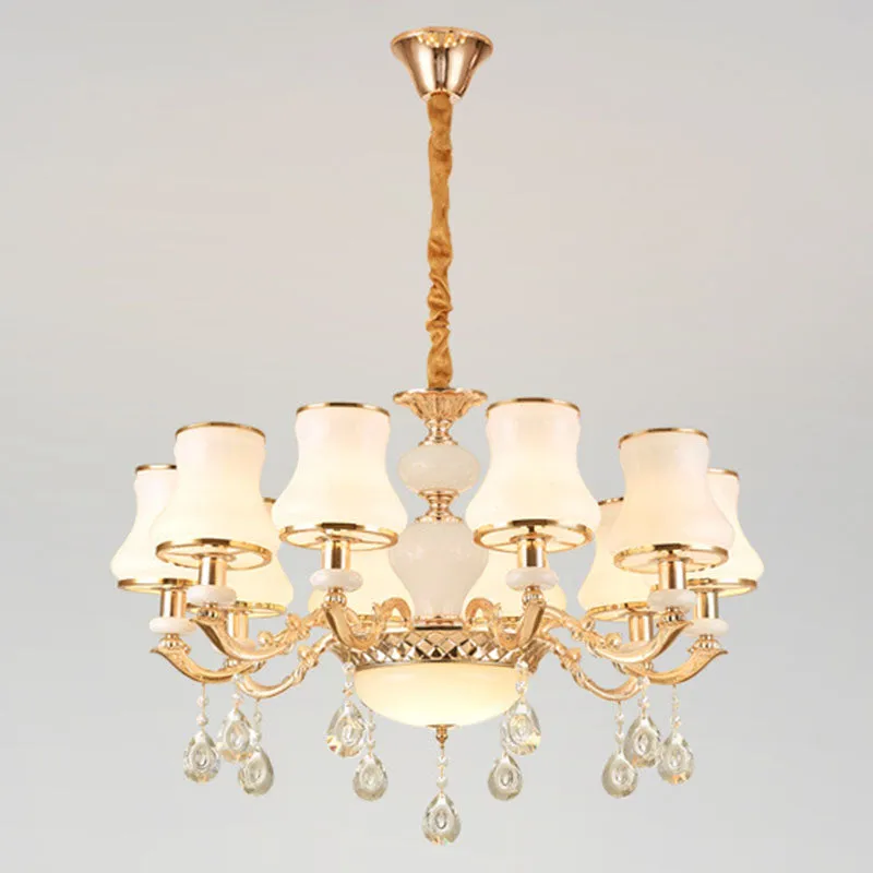 Minimal Hanging Chandelier with Frosted Glass Curve, Crystal Accent in Gold