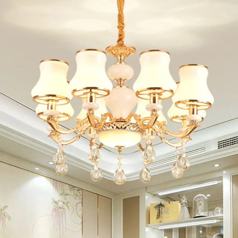 Minimal Hanging Chandelier with Frosted Glass Curve, Crystal Accent in Gold