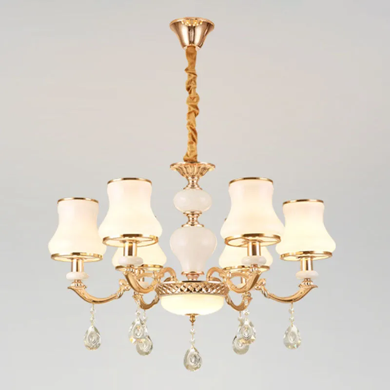 Minimal Hanging Chandelier with Frosted Glass Curve, Crystal Accent in Gold