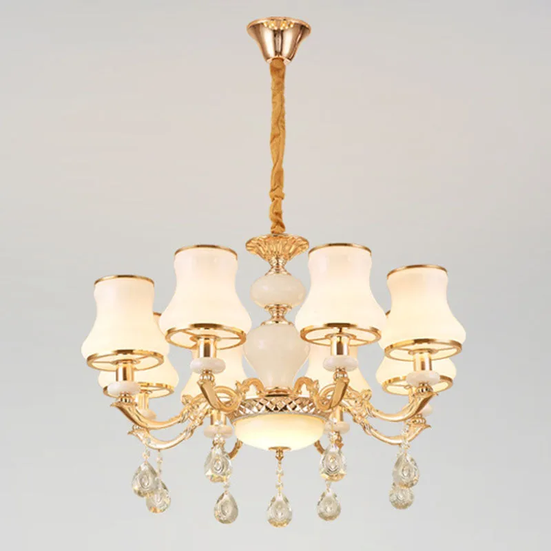Minimal Hanging Chandelier with Frosted Glass Curve, Crystal Accent in Gold