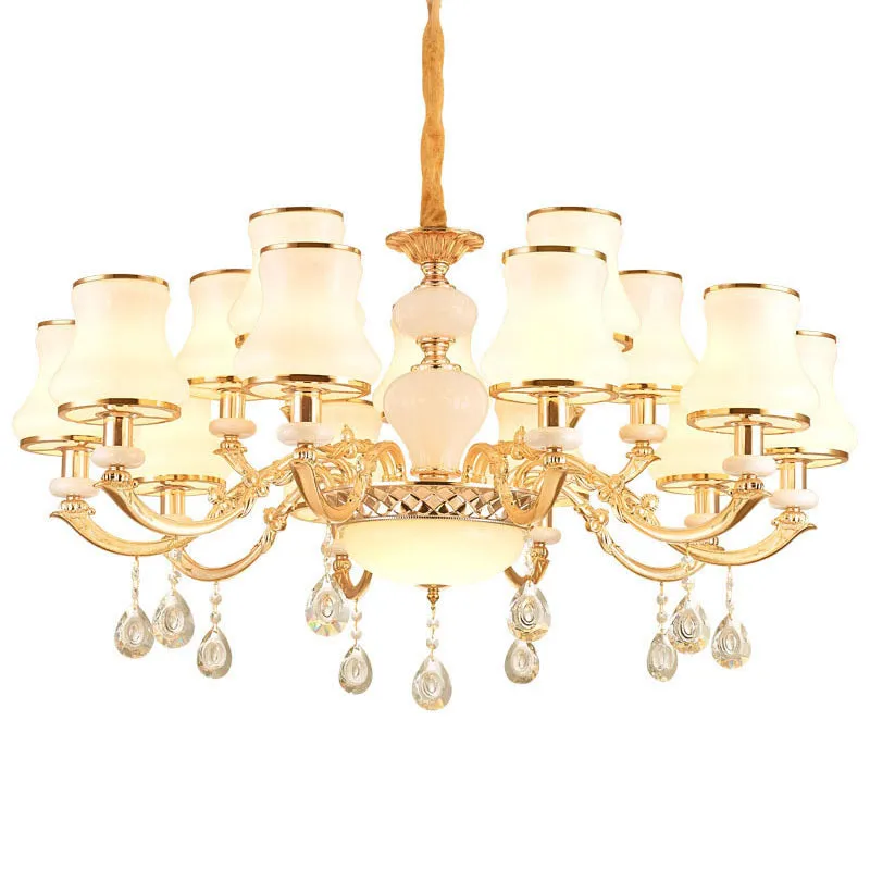 Minimal Hanging Chandelier with Frosted Glass Curve, Crystal Accent in Gold