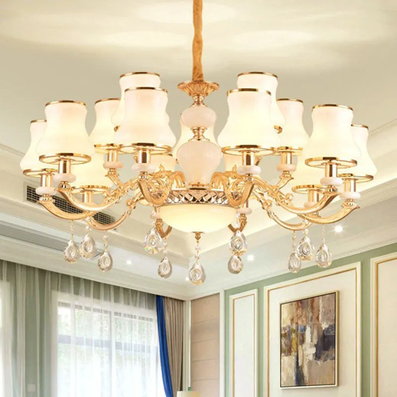 Minimal Hanging Chandelier with Frosted Glass Curve, Crystal Accent in Gold
