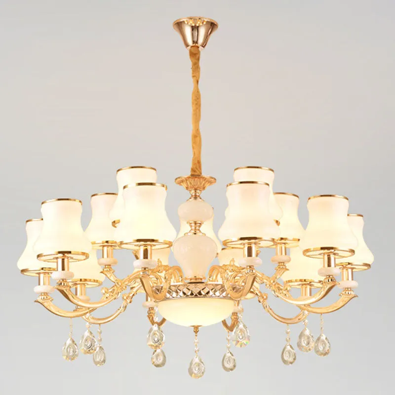 Minimal Hanging Chandelier with Frosted Glass Curve, Crystal Accent in Gold