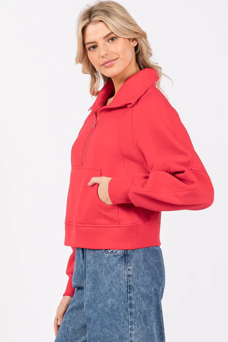 (Red) Half Zip Funnel Neck Pullover