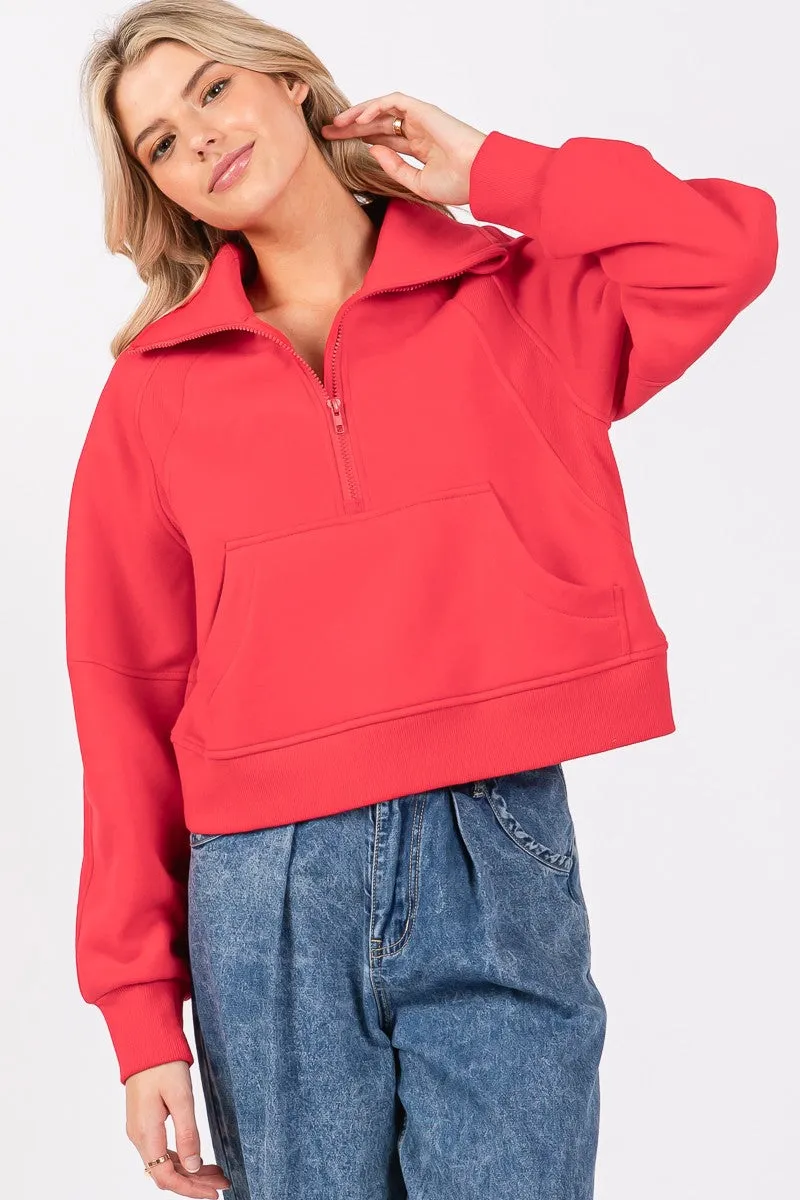 (Red) Half Zip Funnel Neck Pullover