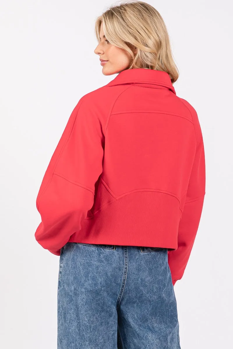 (Red) Half Zip Funnel Neck Pullover
