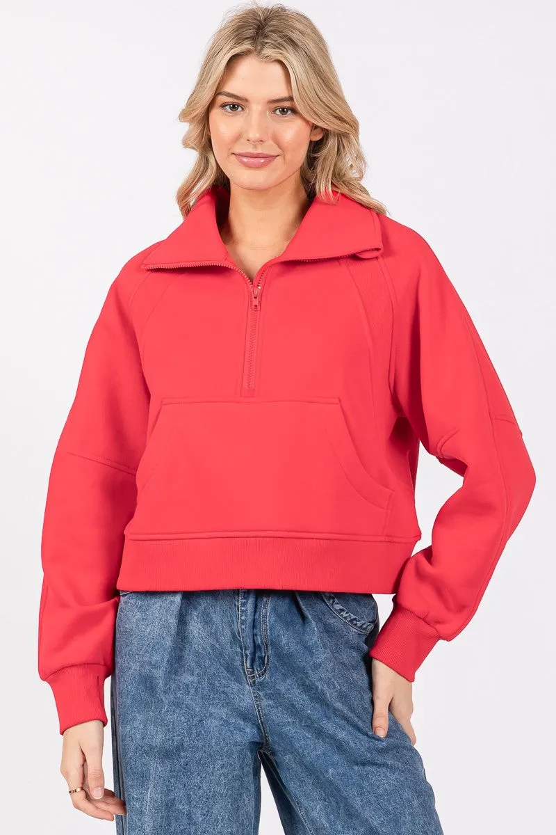 (Red) Half Zip Funnel Neck Pullover
