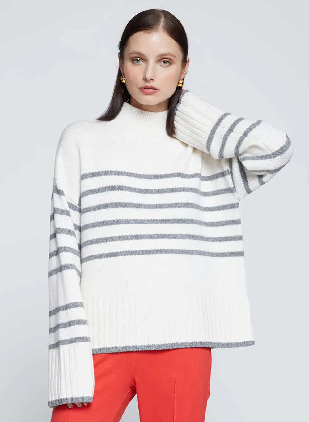 Striped Mock Neck Sweater Cream