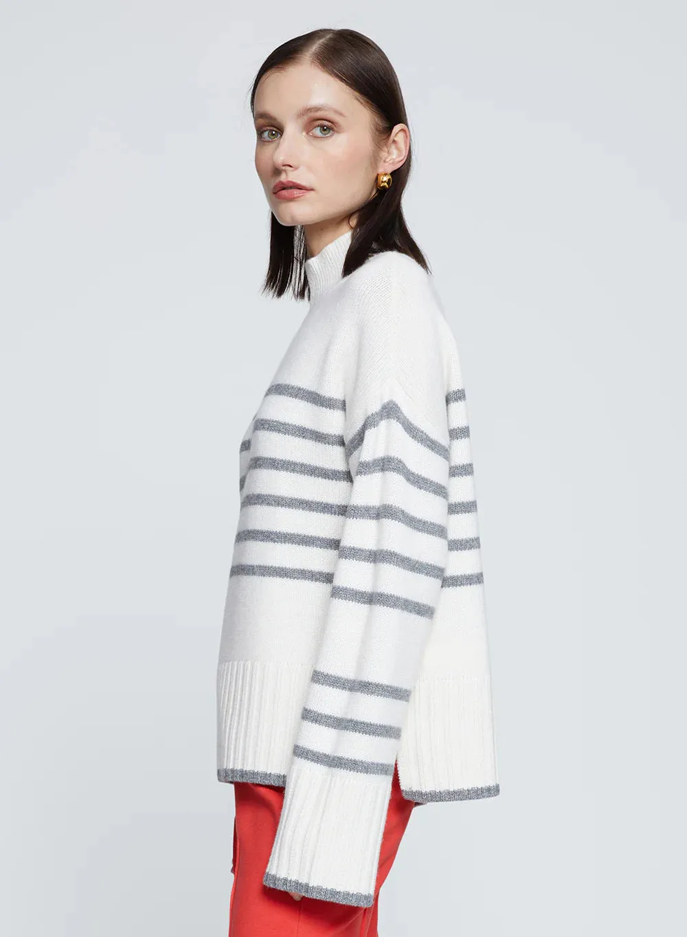Striped Mock Neck Sweater Cream