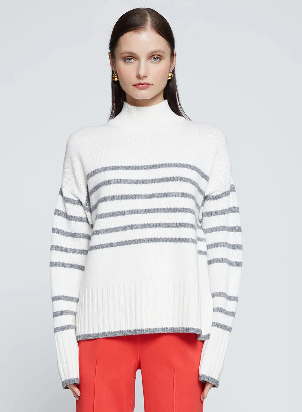 Striped Mock Neck Sweater Cream