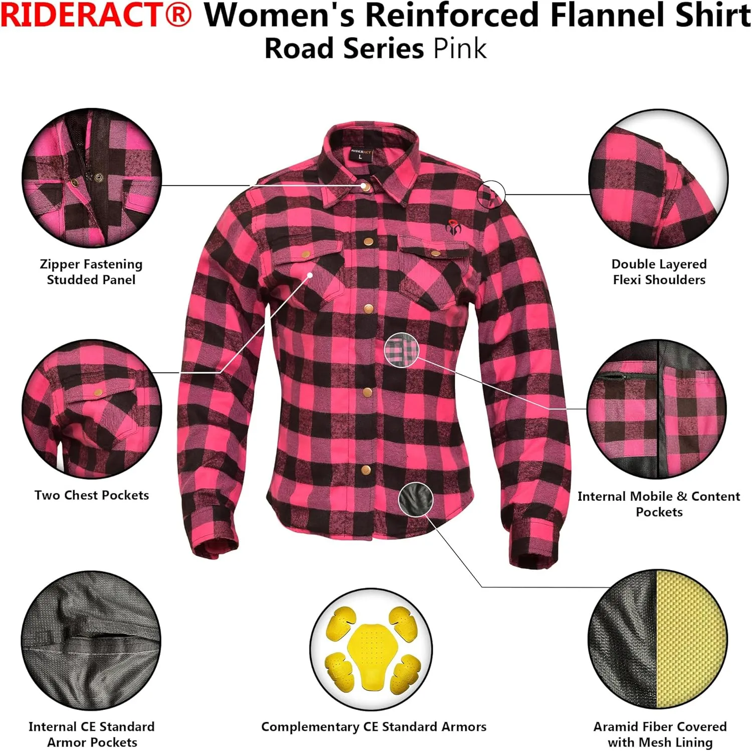 Women Motorcycle Flannel Shirt Road Series Pink & Black Motorbike Jacket Riding Gear Shirt with CE Armors