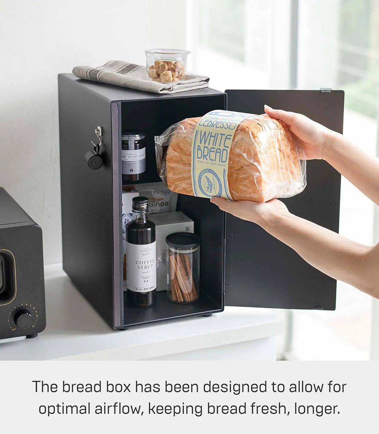 Yamazaki Home Tower Bread Box Keeper Holder Container, Metal Bread Holder Saver, Slim Space Saving Counter Storage - Vertical - Steel