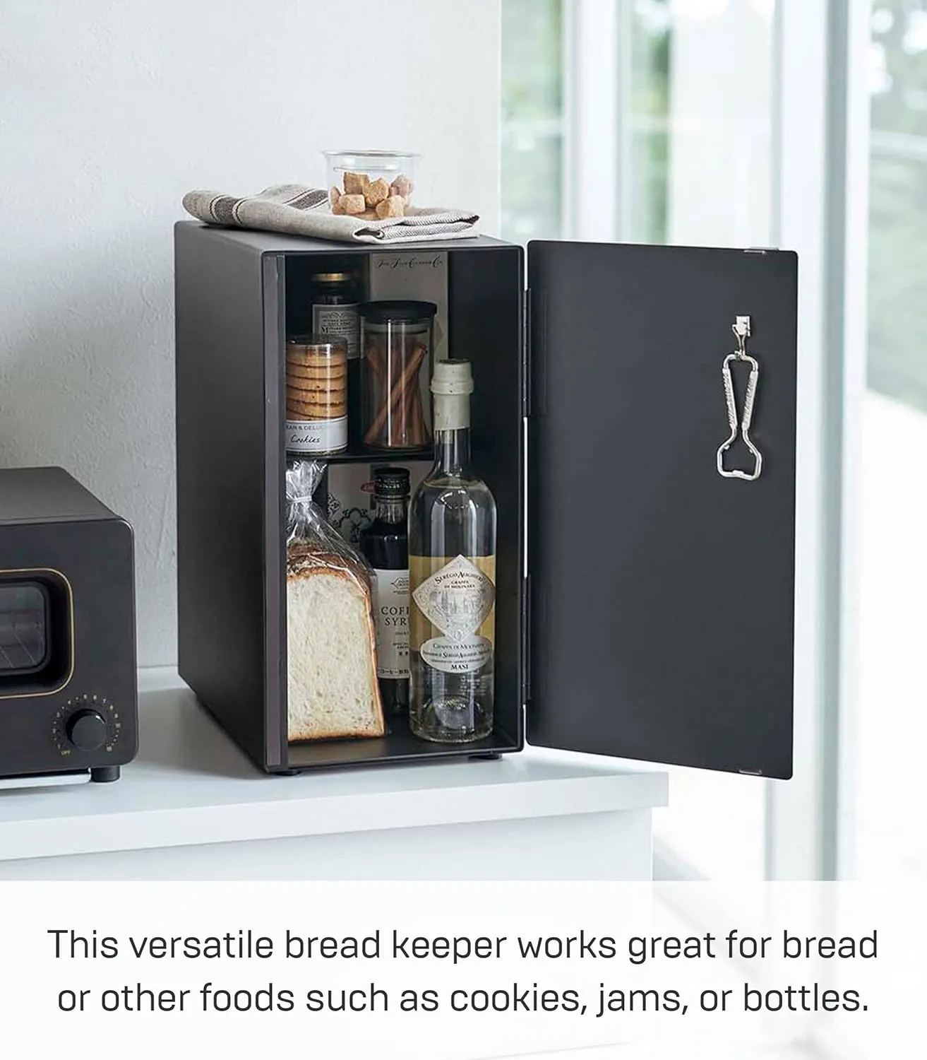 Yamazaki Home Tower Bread Box Keeper Holder Container, Metal Bread Holder Saver, Slim Space Saving Counter Storage - Vertical - Steel