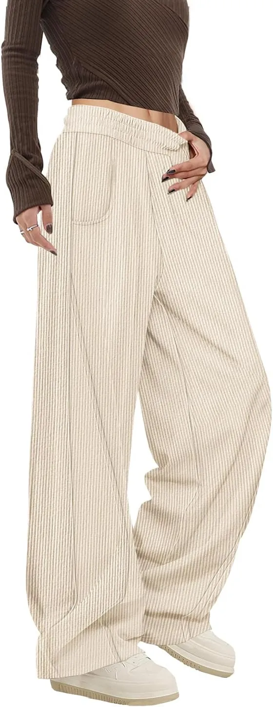 YESNO Women's Corduroy Casual Baggy Pants Elastic Waist Wide Leg Trousers with Pockets PCB