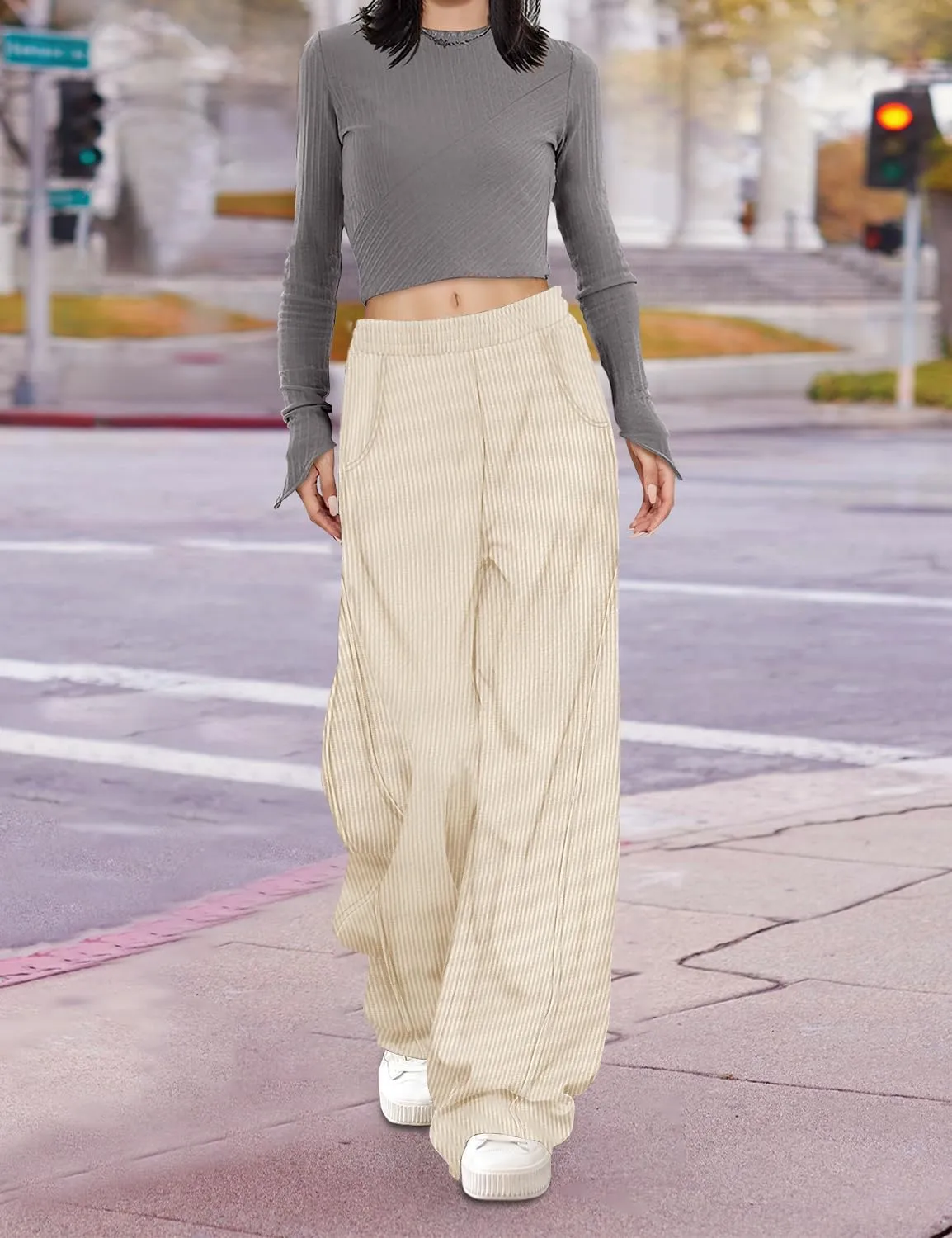 YESNO Women's Corduroy Casual Baggy Pants Elastic Waist Wide Leg Trousers with Pockets PCB